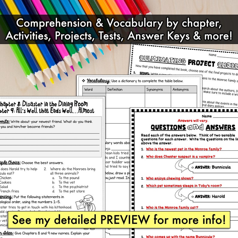 Bunnicula Novel Study Unit Literature Guide Comprehension Worksheets ELA Homeschool Reading Activities Unit Study image 4