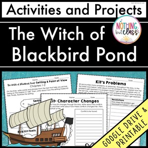 May include: Educational resource for "The Witch of Blackbird Pond" with worksheets on setting, point of view, and character changes. The image features a drawing of a ship and the text "Activities and Projects".
