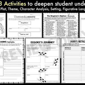 May include: A set of printable worksheets for students to use with the book "The Magician's Nephew" by C.S. Lewis. The worksheets include activities such as identifying themes, analysing characters, and creating a scene snapshot.