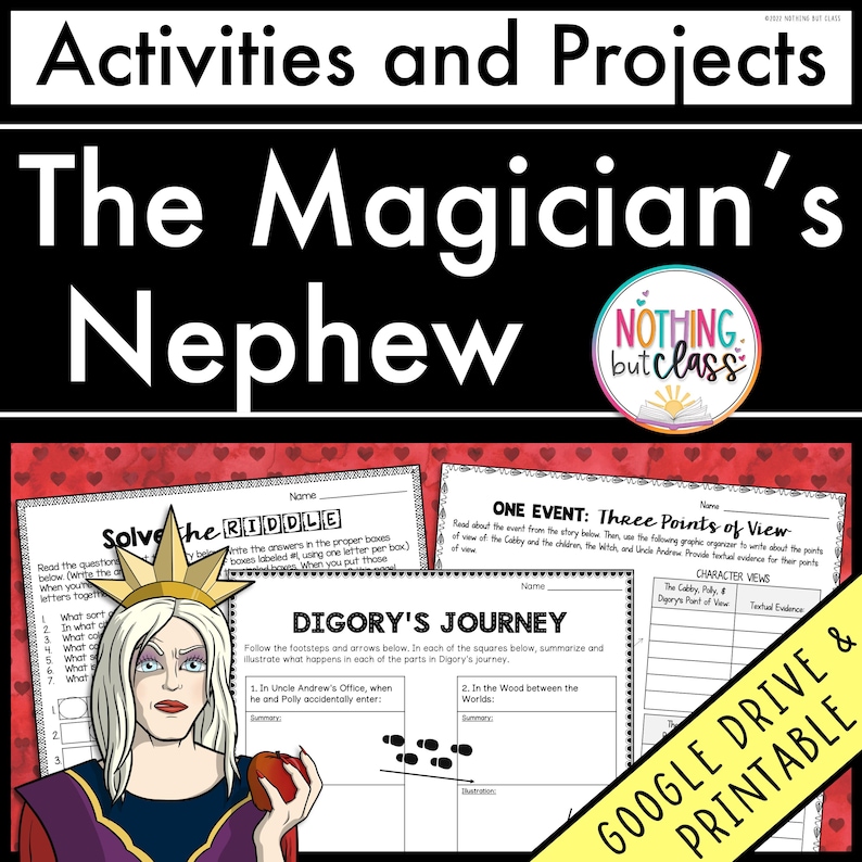 Peut inclure: Une feuille de travail imprimable pour une activit&eacute; en classe bas&eacute;e sur le livre "Le Neveu du Magicien". La feuille de travail comprend une devinette, un organisateur de points de vue des personnages et une carte du voyage de Digory.