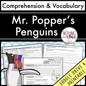 Op de afbeelding: Een printbaar werkblad voor een boekstudie van Mr. Popper's Penguins. Het werkblad bevat woordenschat en definities, begrijpend lezen en analysevragen, en een snelle schrijfopdracht. Het werkblad toont een cartoonpinguïn met een rood-wit-blauwe hoed.