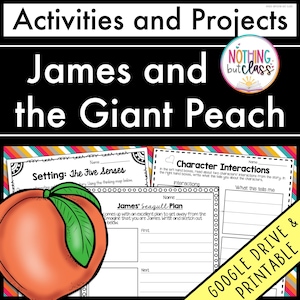 Puede incluir: Hojas de trabajo imprimibles para una actividad en el aula basada en el libro "James y el melocotón gigante". Las hojas de trabajo incluyen un cuadro de interacción de personajes, una actividad de configuración y un plan para el escape de James.