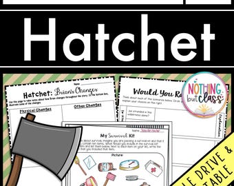 May include: A printable worksheet for a book report on the novel "Hatchet" by Gary Paulsen. The worksheet includes a section for students to take notes on the physical and other changes that the main character, Brian, undergoes throughout the story. There is also a section for students to create a survival kit, listing ten items they would include and explaining why they chose each item. The worksheet also includes a "Would You Rather" activity, where students are asked to choose between two scenarios and explain their reasoning.