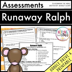 以下が含まれることがあります： 印刷可能な「Runaway Ralph」評価ワークシート。ワークシートには、理解度に関する質問、語彙のマッチング、穴埋め問題が含まれています。「Runaway Ralph」というタイトルは、大きく太字で書かれています。漫画のネズミが左下隅にいます。
