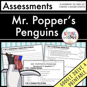 Puede incluir: Materiales de evaluación educativa para la novela "Los pingüinos de Mr. Popper". La imagen presenta hojas de trabajo con preguntas de comprensión, ejercicios de vocabulario y ejercicios de completar espacios en blanco. También se muestra un pingüino de dibujos animados con una bandera estadounidense.