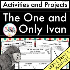 Puede incluir: Recurso educativo con hojas de trabajo para "The One and Only Ivan". La imagen incluye una ilustración de gorila, el título del libro y "Actividades y Proyectos". Las hojas de trabajo se centran en temas, escenarios y recuerdos de personajes.