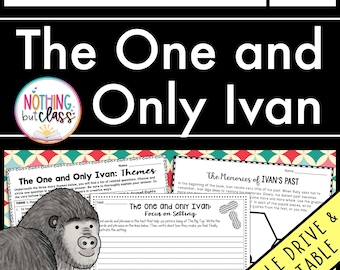 Può includere: Risorsa educativa con fogli di lavoro per "The One and Only Ivan". L'immagine presenta un'illustrazione di gorilla, il titolo del libro e "Attività e Progetti". I fogli di lavoro si concentrano su temi, ambientazione e ricordi dei personaggi.