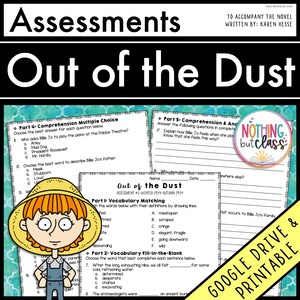 May include: A printable worksheet for the novel "Out of the Dust" by Karen Hesse. The worksheet includes multiple choice, matching, and fill-in-the-blank questions. The worksheet is designed for students to assess their comprehension of the novel.
