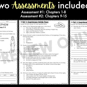 May include: Two black and white printable worksheets for "The Magician's Nephew" by C.S. Lewis. The worksheets include vocabulary matching, fill-in-the-blank, and short answer comprehension questions. The worksheets are divided into two sections: Chapters 1-8 and Chapters 9-15.