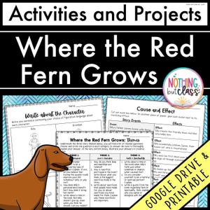 May include: Educational printable featuring activities and projects based on the novel "Where the Red Fern Grows." Includes character writing prompts, cause and effect exercises, and theme exploration. A brown dachshund dog is in the image.