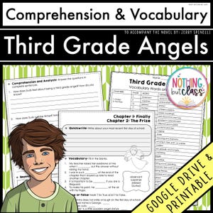 May include: A printable worksheet for third grade students studying the novel "Third Grade Angels" by Jerry Spinelli. The worksheet includes vocabulary words and definitions, comprehension questions, and a quick writing activity.
