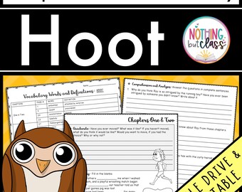 May include: Educational resource with the word "Hoot" in large white letters. The image includes an owl illustration, vocabulary worksheets, and comprehension questions. The product is designed for classroom use and is available as a Google Drive printable.