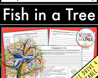 Op de afbeelding: Educatief werkblad getiteld "Fish in a Tree" met oefeningen voor begrip en woordenschat. De afbeelding toont een kleurrijke illustratie van een vis in een boom, samen met tekstvakken voor antwoorden van leerlingen. Inclusief de tekst "Google Drive & Printable".