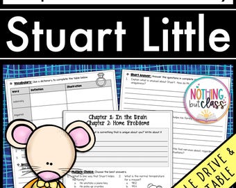 May include: Printable worksheet for a book study of "Stuart Little" by E.B. White. The worksheet includes vocabulary, short answer, multiple choice, and true or false questions. The worksheet features a cartoon illustration of Stuart Little.