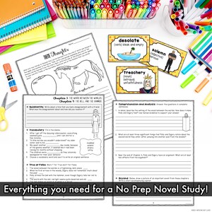 May include: A printable worksheet for a novel study. The worksheet includes sections for vocabulary, comprehension and analysis, and a quickwrite activity. The worksheet is designed to help students understand the novel and its themes.