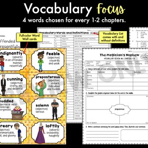 May include: A set of printable vocabulary flashcards for teaching children. The flashcards feature colourful illustrations and definitions for words like "indignantly", "feeble", "cunning", and "preposterous".