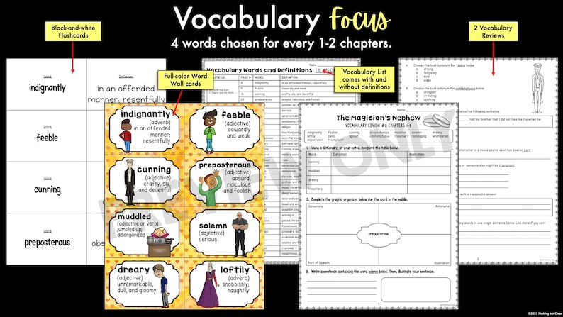 May include: A set of printable vocabulary flashcards for teaching children. The flashcards feature colourful illustrations and definitions for words like "indignantly", "feeble", "cunning", and "preposterous".