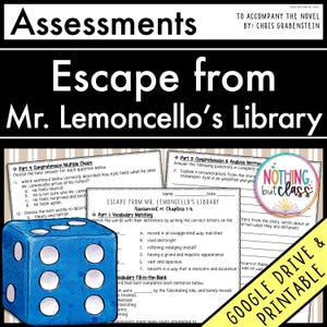 Könnte beinhalten: Lehrmaterialien zur Bewertung für den Roman "Escape from Mr. Lemoncello's Library" von Chris Grabenstein. Das Bild zeigt Multiple-Choice-Fragen, Vokabelzuordnungen und Lückentexte. Ein blauer Würfel mit weißen Punkten ist ebenfalls abgebildet.