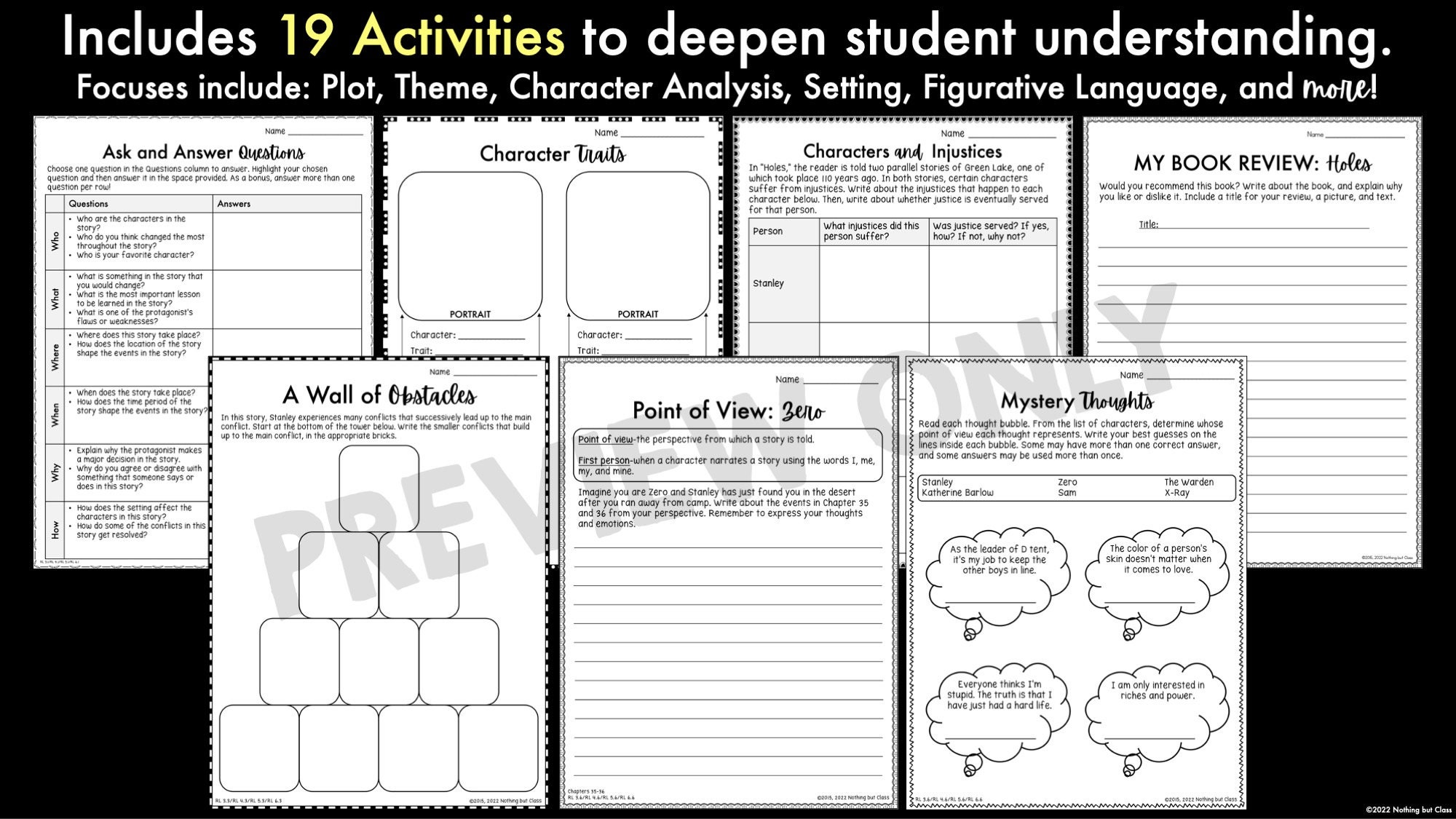 Holes Novel Study Unit Literature Guide Comprehension Worksheets
