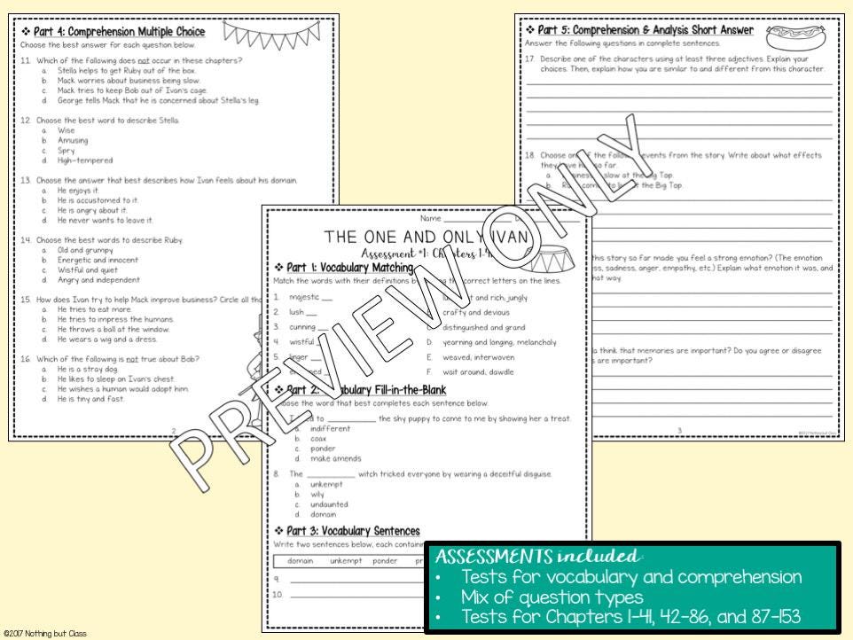 The One and Only Ivan - Tests | Quizzes | Assessments for Novel Study ...