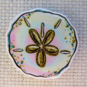 May include: A white sand dollar with a brown five-pointed star design and a pink, blue, and white background. The sand dollar is surrounded by a teal and black border.