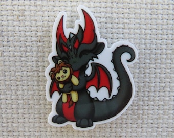 Black Dragon with Red Wings Holding a Stuffed Toy Minder, for Diamond Painting and Needlepoint