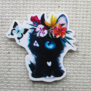 Black Kitty with a Butterfly Needle Minder, Cover Minder, Magnet