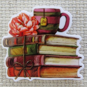 A Stack of Vintage Books with a Mug of Tea on Top Needle Minder, Cover Minder, Magnet