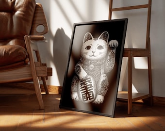 Lámina artística de tatuaje de Maneki Neko / Póster del gato japonés de la suerte