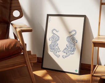 Fierce Dual Tiger Art Print: Traditional Thai Sak Yant Poster
