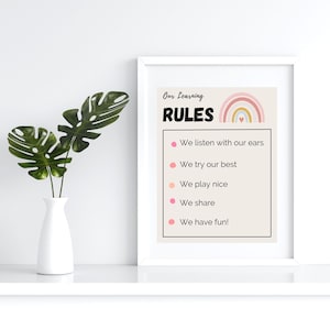 May include: A printable classroom poster with a rainbow design and the text "Our Learning RULES" with a list of rules for students: "We listen with our ears", "We try our best", "We play nice", "We share", and "We have fun!"