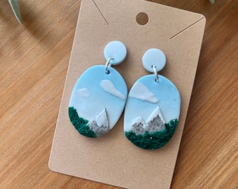 Blue Sky Mountain Polymer Clay Oval Earrings