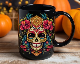 Skull Art Mug, Day Of The Dead Mug, Gothic Mug, Coffee Mug, Black Mug, 15oz, Tea Mug, Hot Chocolate Mug