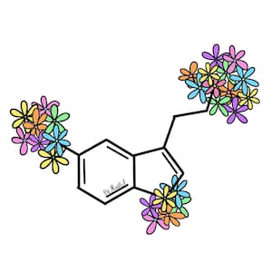 May include: A black and white line drawing of a serotonin molecule with colorful flowers attached to the molecule. The text "Be Mindful" is written inside the molecule.