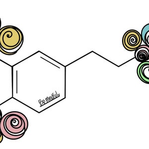 May include: A line drawing of a chemical structure with a hexagonal ring and a chain of five carbon atoms. The drawing is decorated with colorful swirls and the text "Be Mindful".