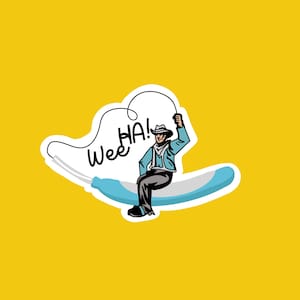 May include: A sticker featuring a cartoon cowboy with a rope, sitting on a white and blue shape. The text "Wee HA!" is written in black. The background is a solid yellow.