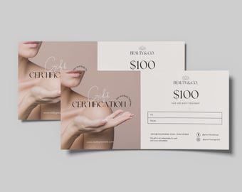 May include: Gift certificates for Beauty & Co. are shown. The certificates feature a woman's image and the words "Gift Certification." The certificates are in shades of beige and white, with a £100 value. The certificates are for hair and body treatments.