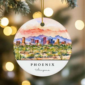 Phoenix Arizona Christmas Ornament | Modern Watercolor Design | Phoenix Souvenir Gift for Holiday Décor | Vibrant Phoenix Ornament