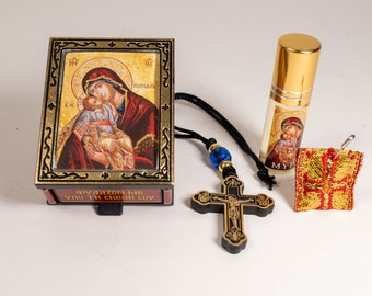 Christian Gift Set in Box with Theotokos on it includes Anointing Oil ,Cross an Amulet. A perfect Gift for All.
