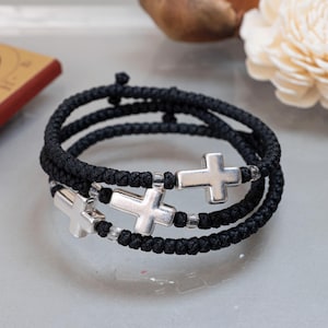 Unisex Handmade Komboskini in Black Colour with cross (Silver Plated) (1Pcs) Orthodox Bracelet, Waxed Thread with Beads - Christian Gift.