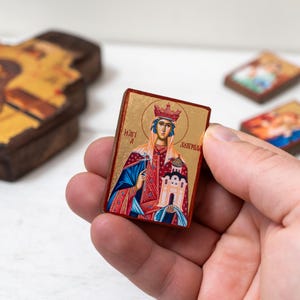 Saint Ludmila Pocket Wooden Christian Icon  on Silk Canvas Intricate Detail Handmade Icon Small Enough to Carry Everywhere