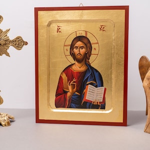 Byzantine icon of Jesus Christ The Blessing (Εγω ειμι το φως του κοσμου), Byzantine icon of our Lord Byzantine art wall hanging icon.