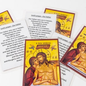 Cartes laminées orthodoxes avec Jésus-Christ et le Notre Père (en anglais ou en grec) vu de l'arrière, lot de 10 cartes saintes, icônes de poche