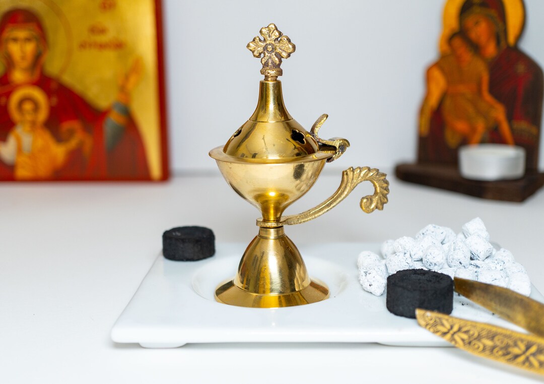 Small Brass Incense Burner Full Set With Tong Charcoals and Incense