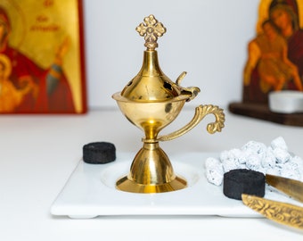 Small Brass Incense Burner Full set with Tong Charcoals and Incense - Perfume burner - with handle Christian Artefact With free Gifts