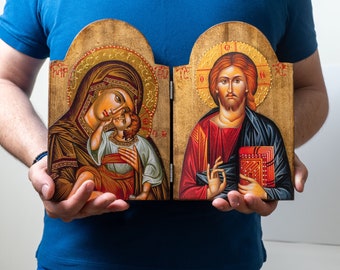 Big Wooden Diptych with the Icons of Jesus Christ and Holy Theotokos in shade of brown Background Greek  Treasure for Inspiring Home Decor.