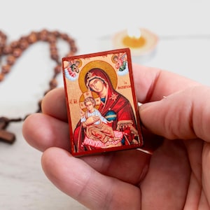 Virgin Mary &quot;The Healer&quot; Pocket Wooden Christian Icon on Silk Canvas Intricate Detail Handmade Icon Small Enough toCarry Everywhere