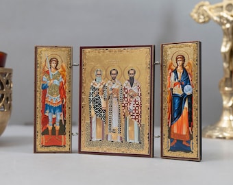 Triptych Icon with Majestic Depiction of  Three Holy Hierarchs and Archangels on the doors  in Golden Leaf -A Precious Gem for Inspirational