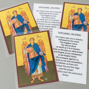 Cartes laminées orthodoxes avec l'archange et la prière du Seigneur (en anglais ou en grec) par derrière, lot de 10 cartes saintes, icônes de poche