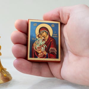 Pocket Wooden Christian Icon with Sweet Kiss “Glykophilousa” , in Premium quality Handmade Icon in Golden silk Canva  .